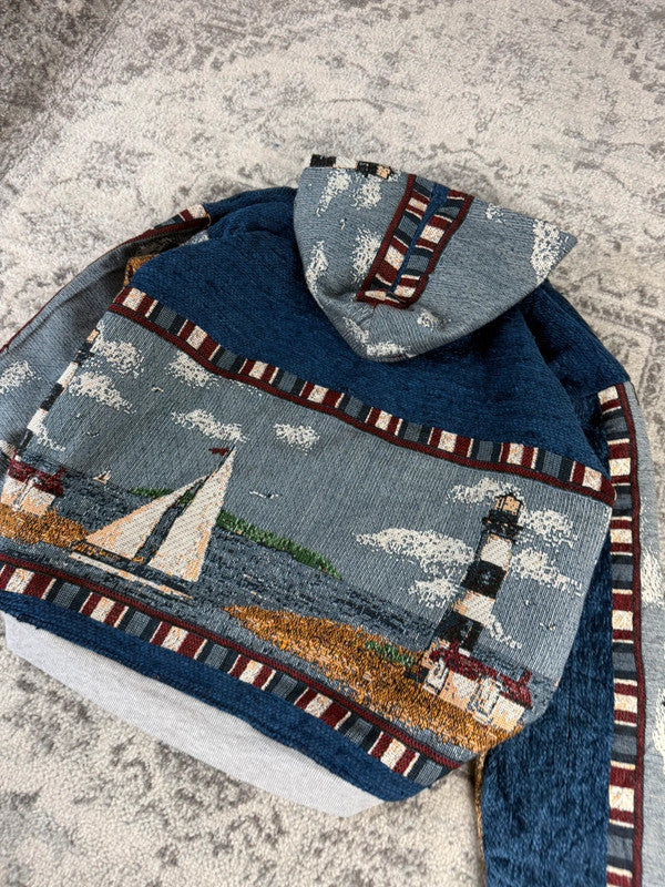 Veste en tapisserie design unique vintage fait main upcyclé retravaillé tissé taille L n•725