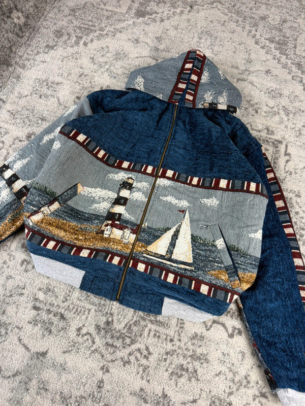 Veste en tapisserie design unique vintage fait main upcyclé retravaillé tissé taille L n•725