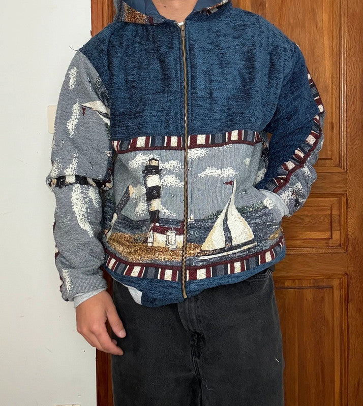 Veste en tapisserie design unique vintage fait main upcyclé retravaillé tissé taille L n•725