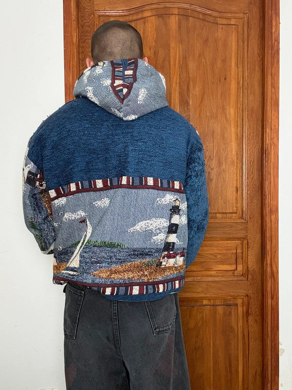 Veste en tapisserie design unique vintage fait main upcyclé retravaillé tissé taille L n•725