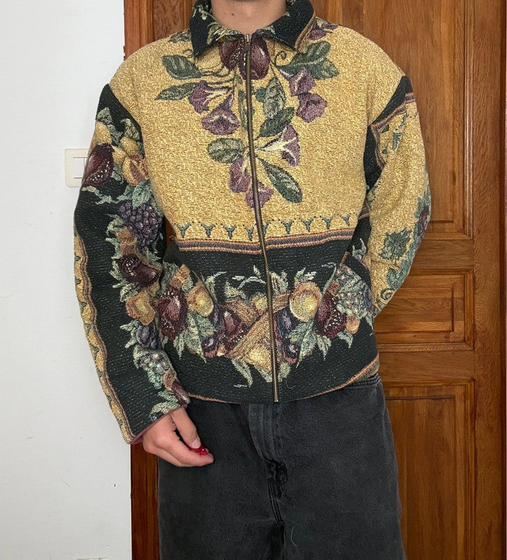 Veste en tapisserie design unique vintage fait main upcyclé retravaillé tissé taille L n•726
