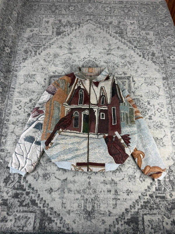Veste en tapisserie design unique vintage fait main upcyclé retravaillé tissé taille L