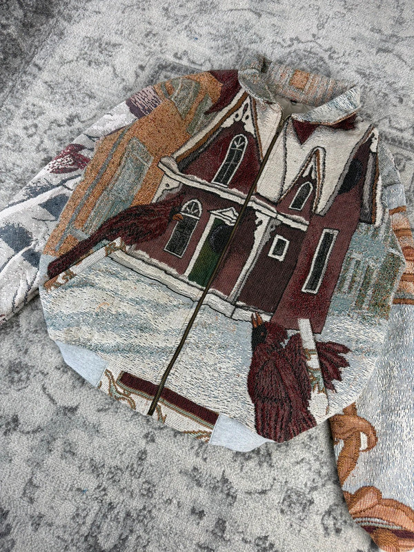 Veste en tapisserie design unique vintage fait main upcyclé retravaillé tissé taille L