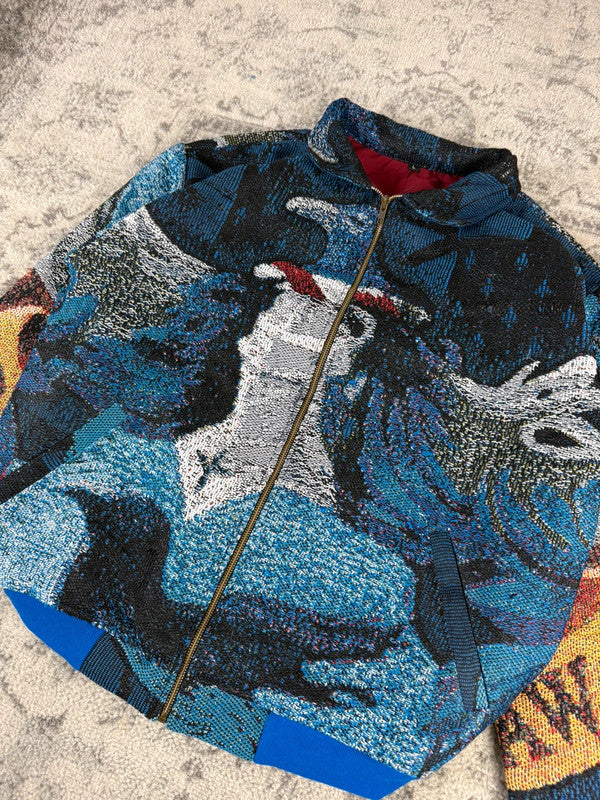 Veste en tapisserie design unique vintage fait main upcyclé retravaillé tissé taille L n•729