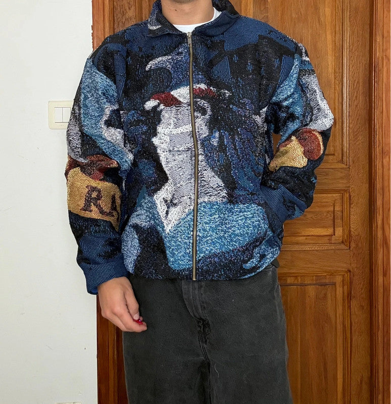 Veste en tapisserie design unique vintage fait main upcyclé retravaillé tissé taille L n•729