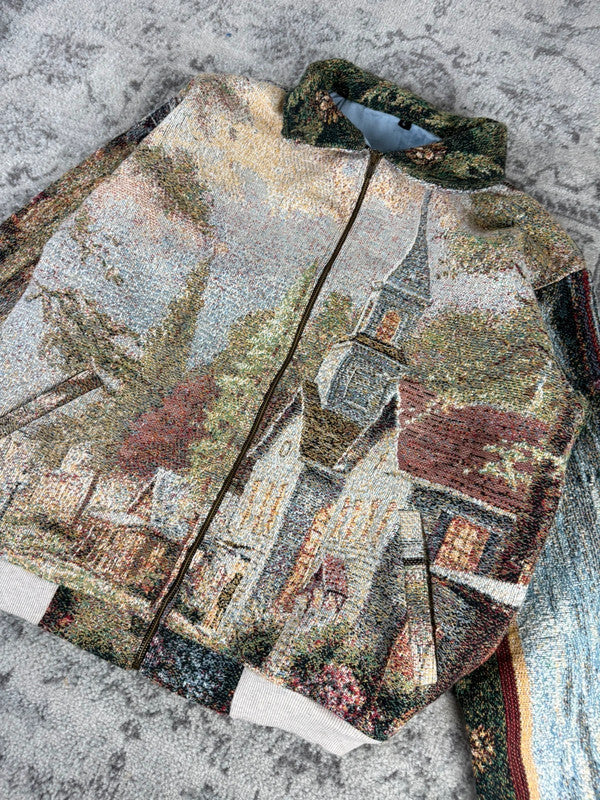 Veste en tapisserie design unique vintage fait main upcyclé retravaillé tissé taille L n•730