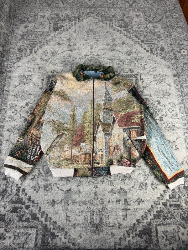 Veste en tapisserie design unique vintage fait main upcyclé retravaillé tissé taille L n•730