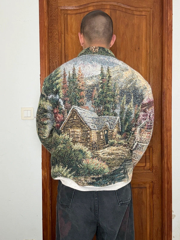Veste en tapisserie design unique vintage fait main upcyclé retravaillé tissé taille L n•730