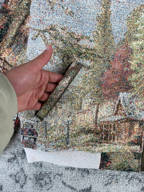 Veste en tapisserie design unique vintage fait main upcyclé retravaillé tissé taille L n•730