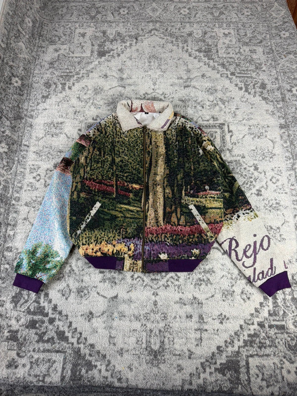 Veste en tapisserie design unique vintage fait main upcyclé retravaillé tissé taille L n•731