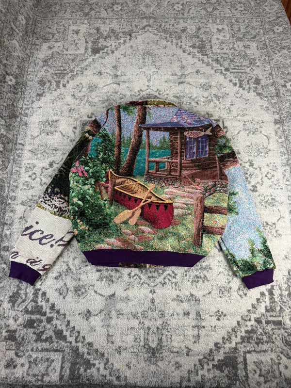 Veste en tapisserie design unique vintage fait main upcyclé retravaillé tissé taille L n•731