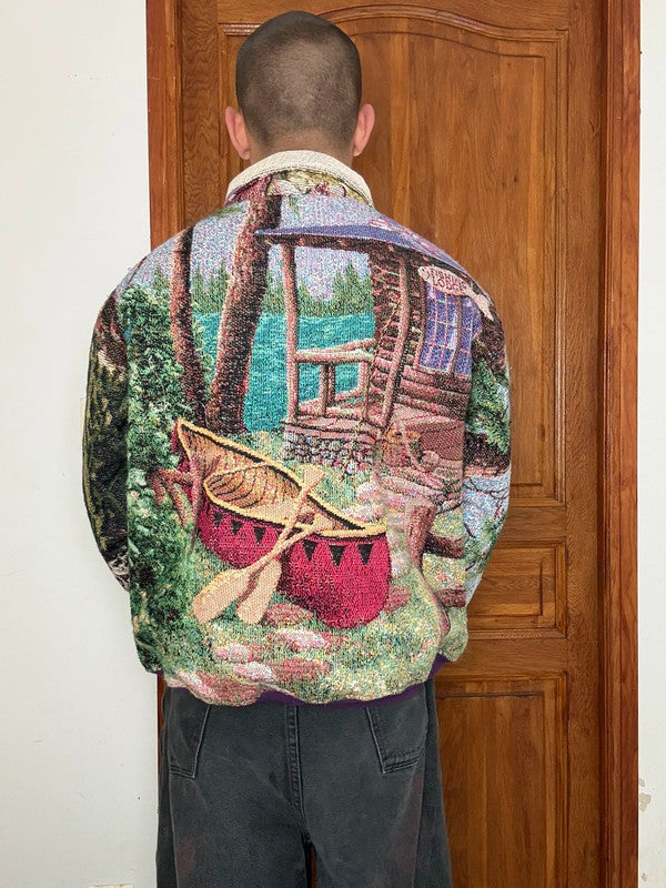 Veste en tapisserie design unique vintage fait main upcyclé retravaillé tissé taille L n•731