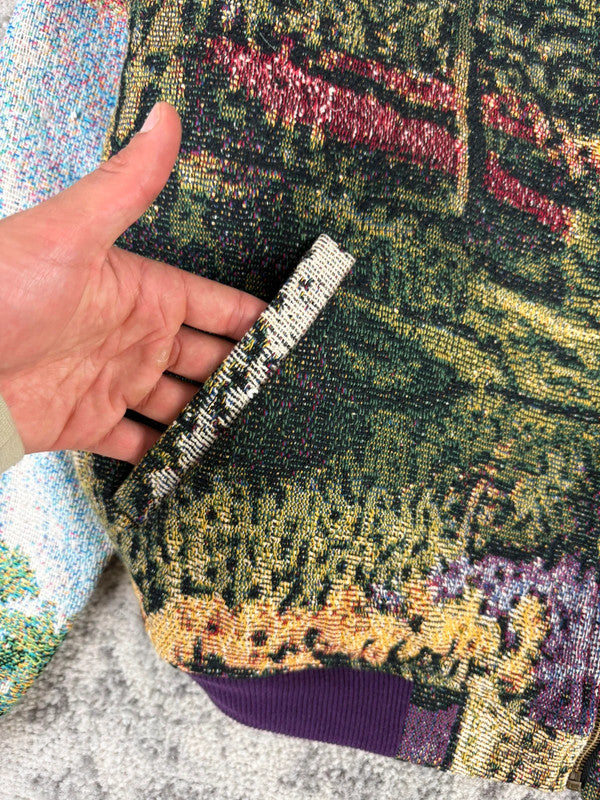 Veste en tapisserie design unique vintage fait main upcyclé retravaillé tissé taille L n•731