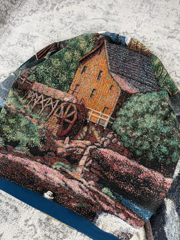 Veste en tapisserie design unique vintage fait main upcyclé retravaillé tissé taille L n•732