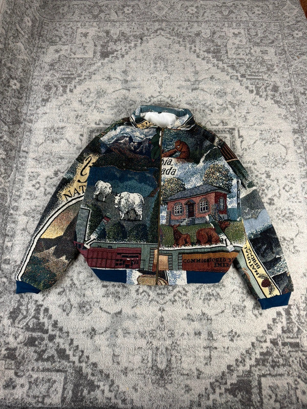 Veste en tapisserie design unique vintage fait main upcyclé retravaillé tissé taille L n•732