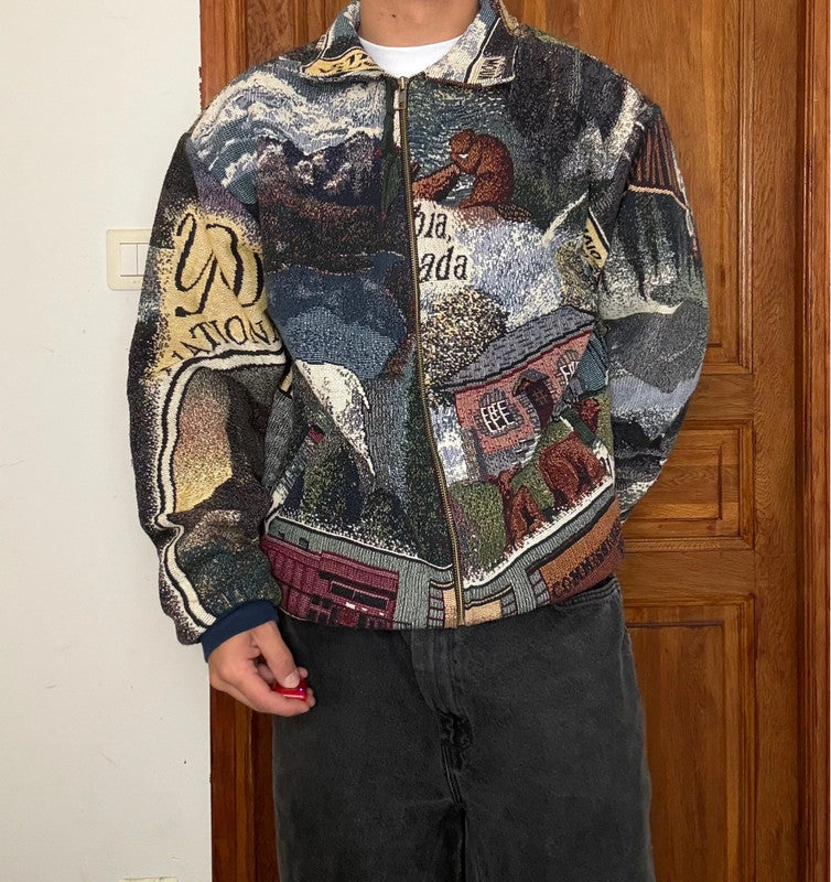 Veste en tapisserie design unique vintage fait main upcyclé retravaillé tissé taille L n•732