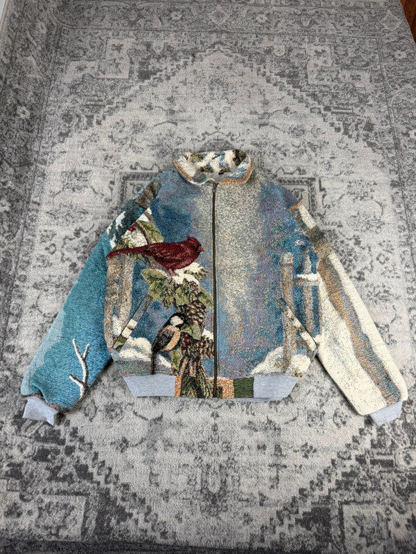 Veste en tapisserie design unique vintage fait main upcyclé retravaillé tissé taille L n•735