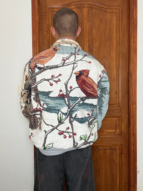 Veste en tapisserie design unique vintage fait main upcyclé retravaillé tissé taille L n•735