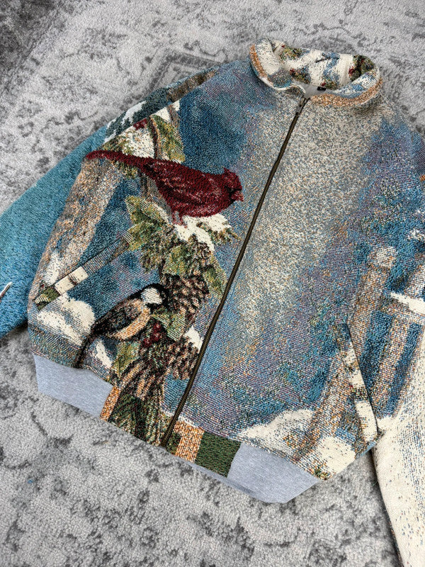 Veste en tapisserie design unique vintage fait main upcyclé retravaillé tissé taille L n•735
