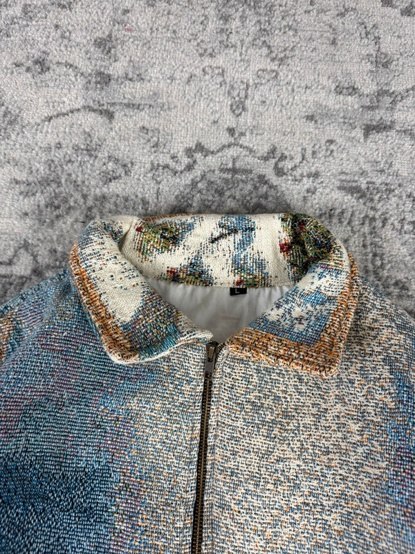 Veste en tapisserie design unique vintage fait main upcyclé retravaillé tissé taille L n•735