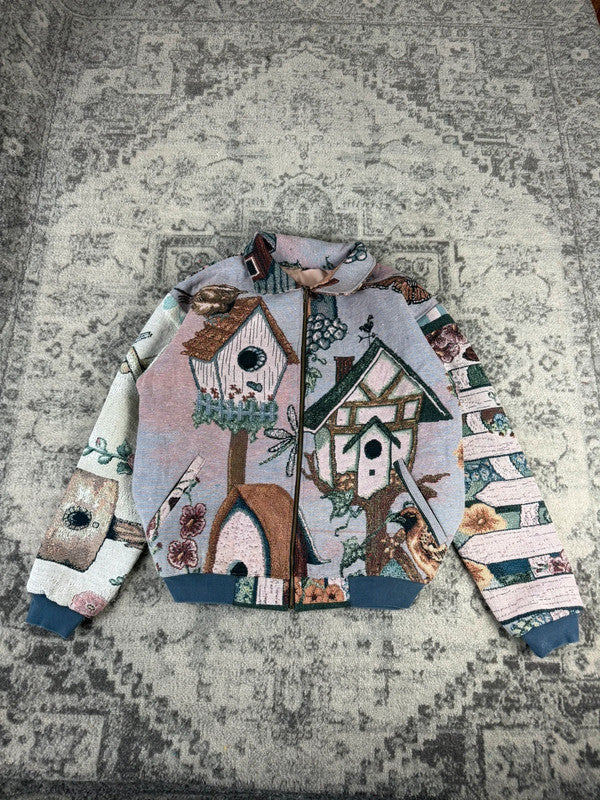 Veste en tapisserie design unique vintage fait main upcyclé retravaillé tissé taille L n•736
