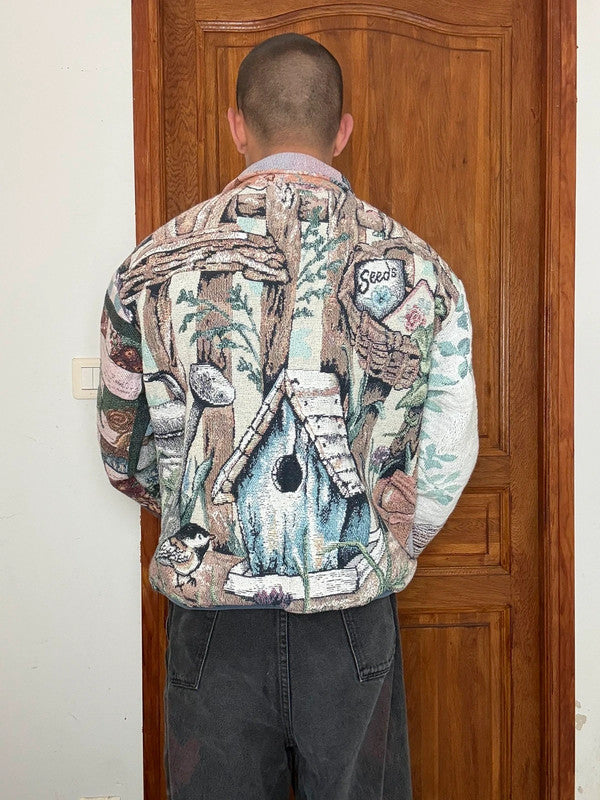 Veste en tapisserie design unique vintage fait main upcyclé retravaillé tissé taille L n•736