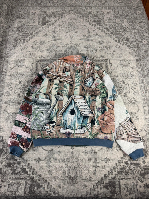 Veste en tapisserie design unique vintage fait main upcyclé retravaillé tissé taille L n•736