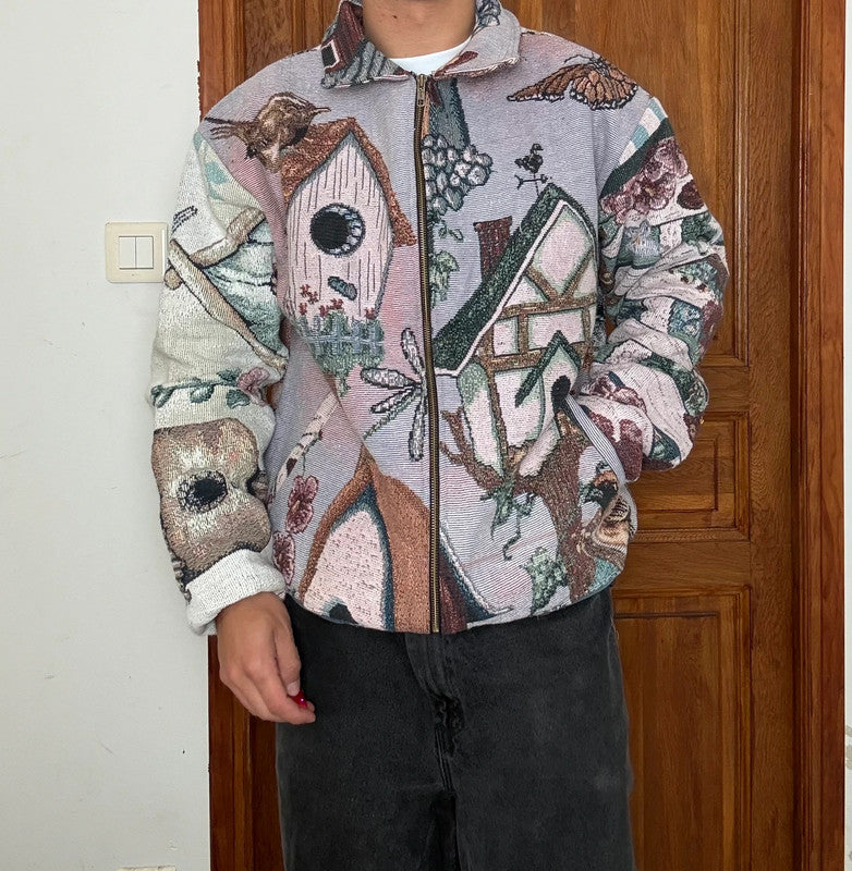 Veste en tapisserie design unique vintage fait main upcyclé retravaillé tissé taille L n•736