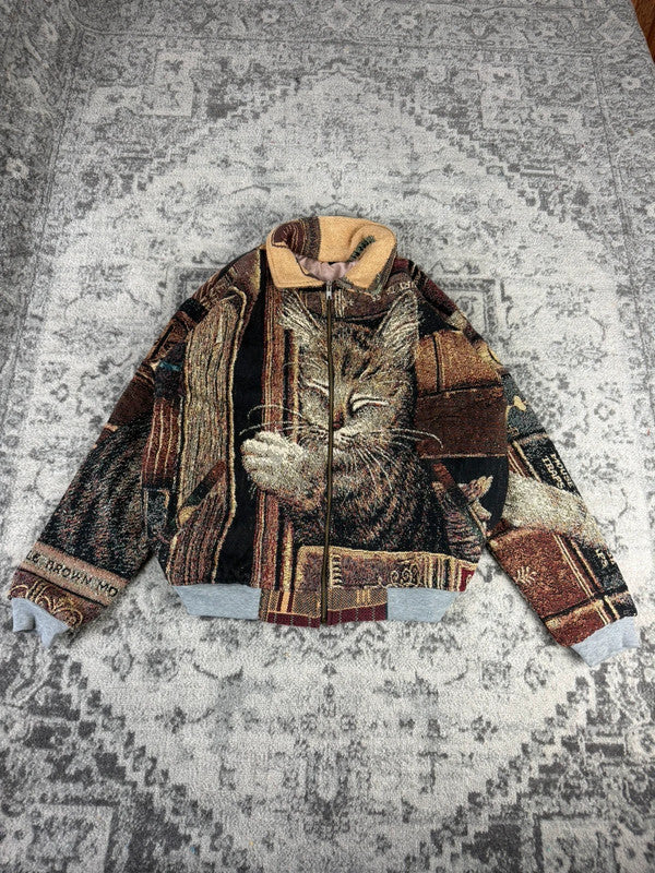 Veste en tapisserie design unique vintage fait main upcyclé retravaillé tissé taille L n•737