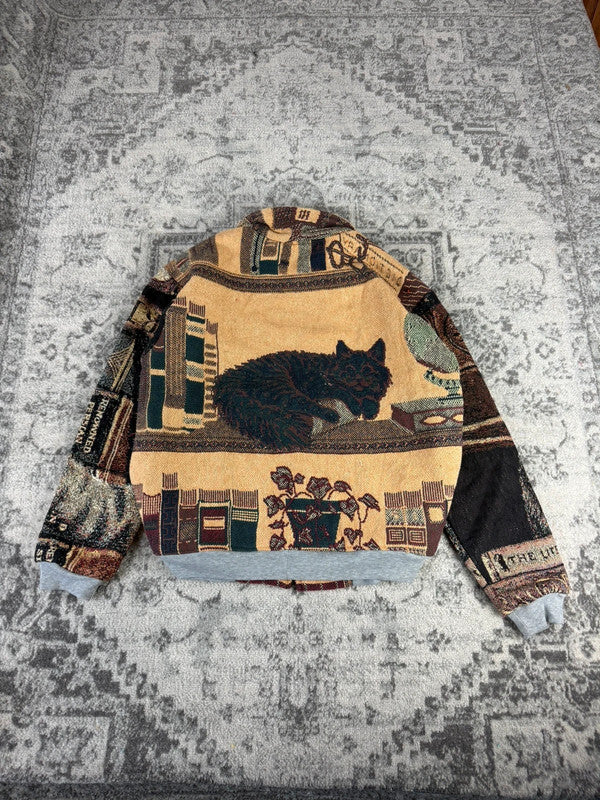 Veste en tapisserie design unique vintage fait main upcyclé retravaillé tissé taille L n•737