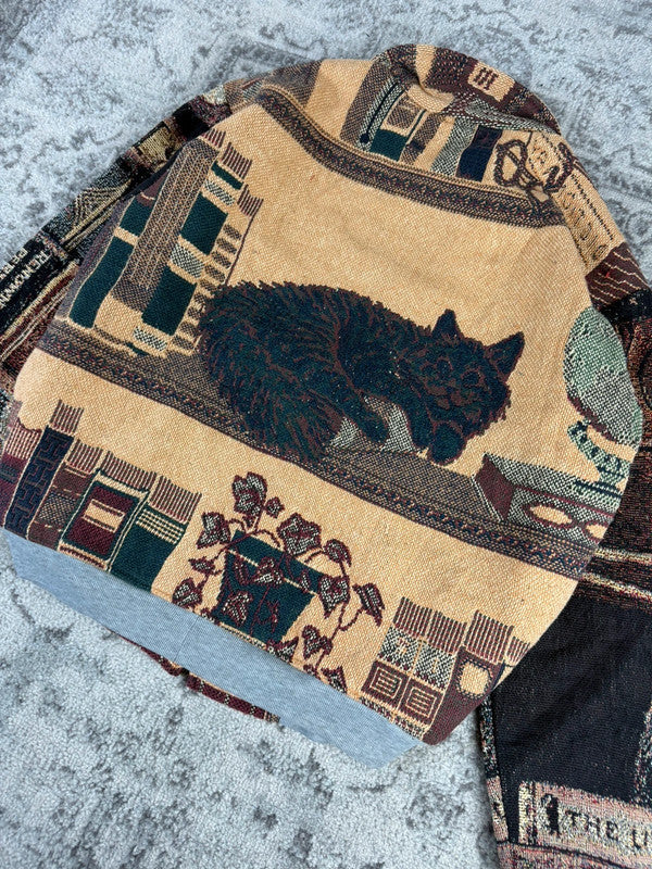 Veste en tapisserie design unique vintage fait main upcyclé retravaillé tissé taille L n•737