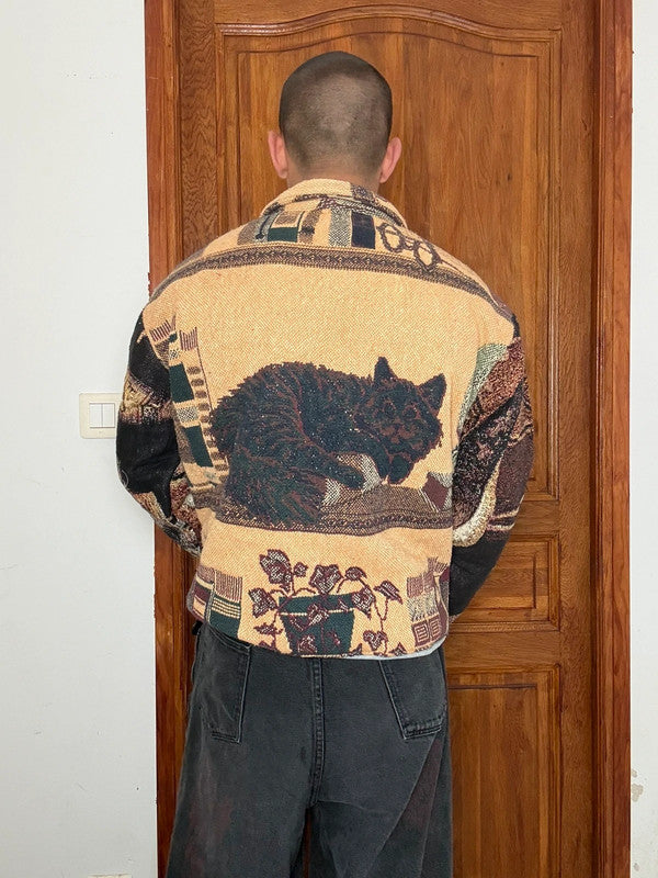 Veste en tapisserie design unique vintage fait main upcyclé retravaillé tissé taille L n•737