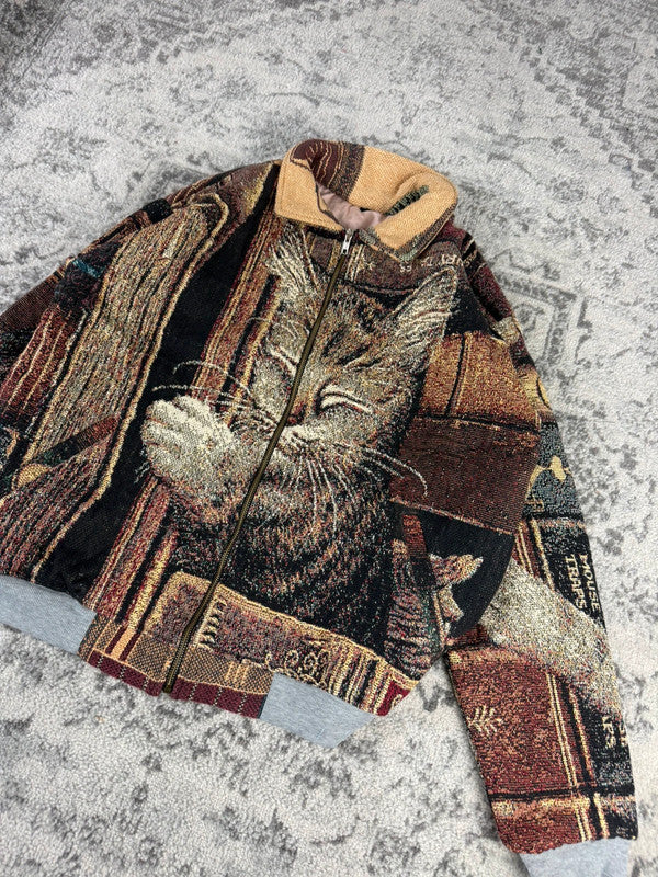 Veste en tapisserie design unique vintage fait main upcyclé retravaillé tissé taille L n•737