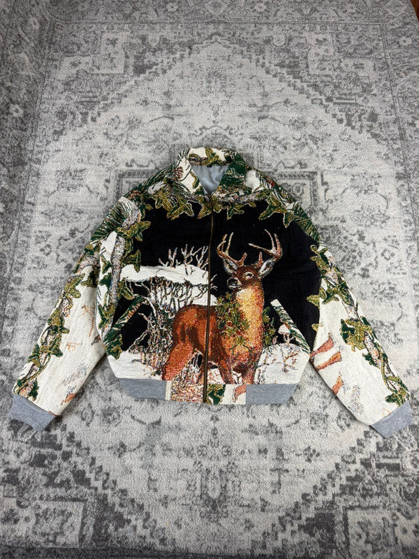 Veste en tapisserie design unique vintage fait main upcyclé retravaillé tissé taille L n•738