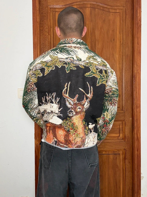 Veste en tapisserie design unique vintage fait main upcyclé retravaillé tissé taille L n•738