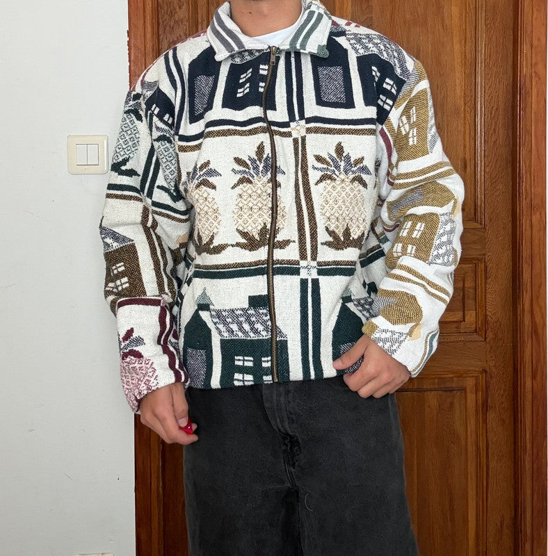 Veste en tapisserie design unique vintage fait main upcyclé retravaillé tissé taille L n•740