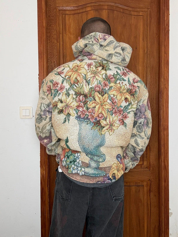 Veste en tapisserie design unique vintage fait main upcyclé retravaillé tissé taille XL n•741