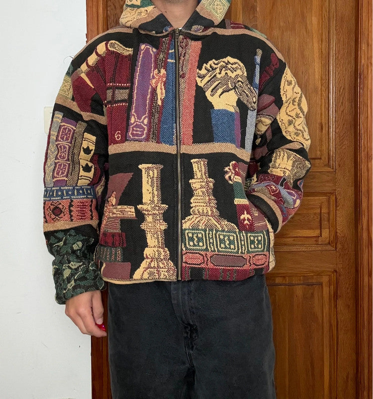 Veste en tapisserie design unique vintage fait main upcyclé retravaillé tissé taille XL n•745
