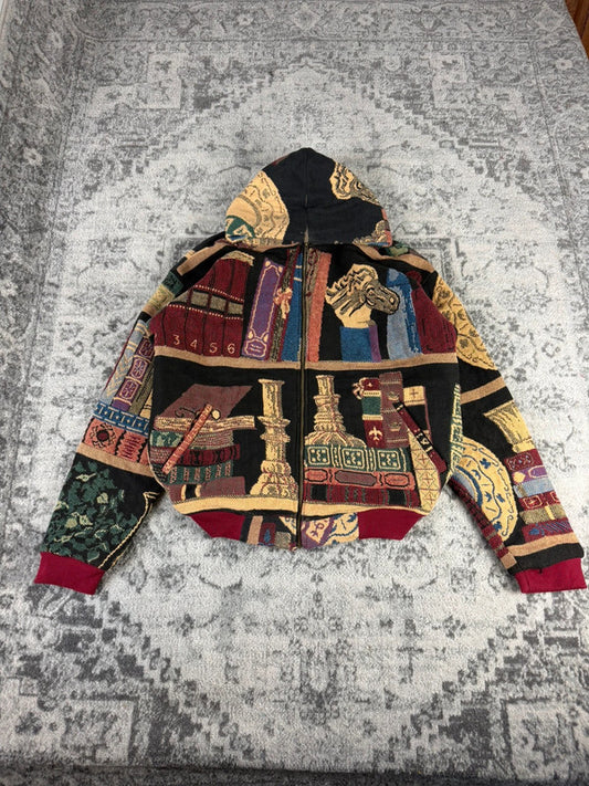 Veste en tapisserie design unique vintage fait main upcyclé retravaillé tissé taille XL n•745