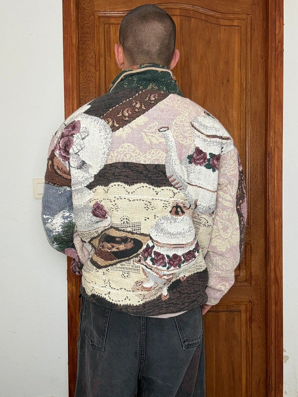 Veste en tapisserie design unique vintage fait main upcyclé retravaillé tissé taille XL n•746