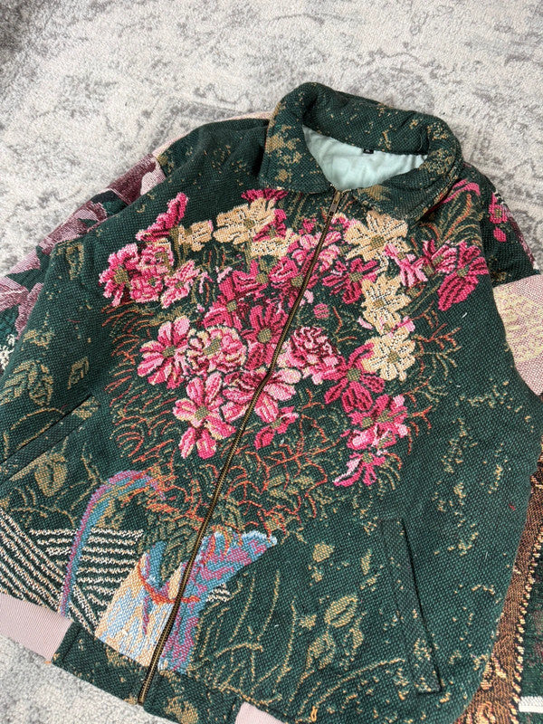 Veste en tapisserie design unique vintage fait main upcyclé retravaillé tissé taille XL n•746