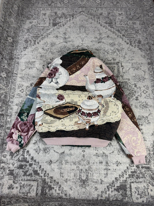 Veste en tapisserie design unique vintage fait main upcyclé retravaillé tissé taille XL n•746