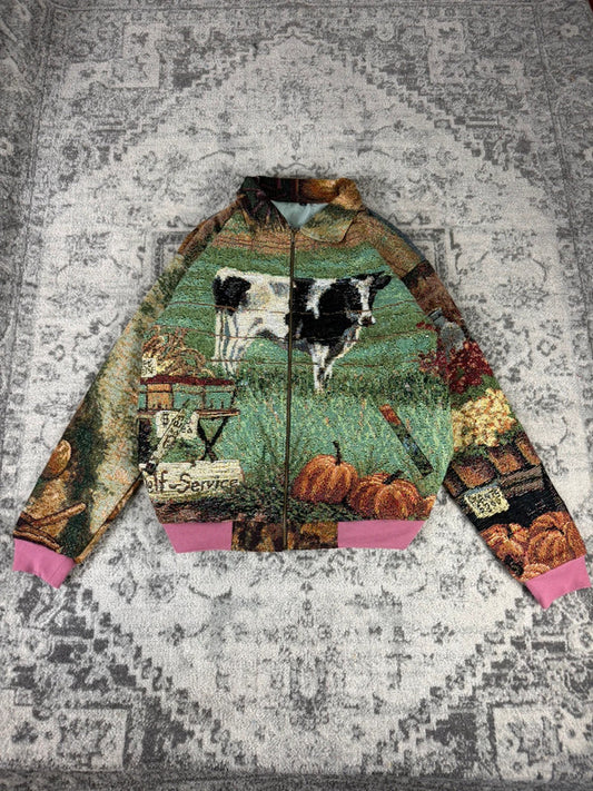 Veste en tapisserie design unique vintage fait main upcyclé retravaillé tissé taille XL n•747