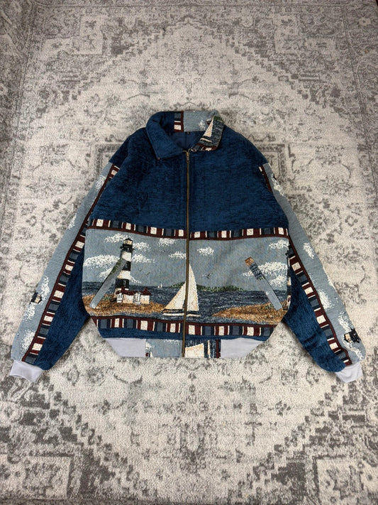 Veste en tapisserie design unique vintage fait main upcyclé retravaillé tissé taille XL n•749