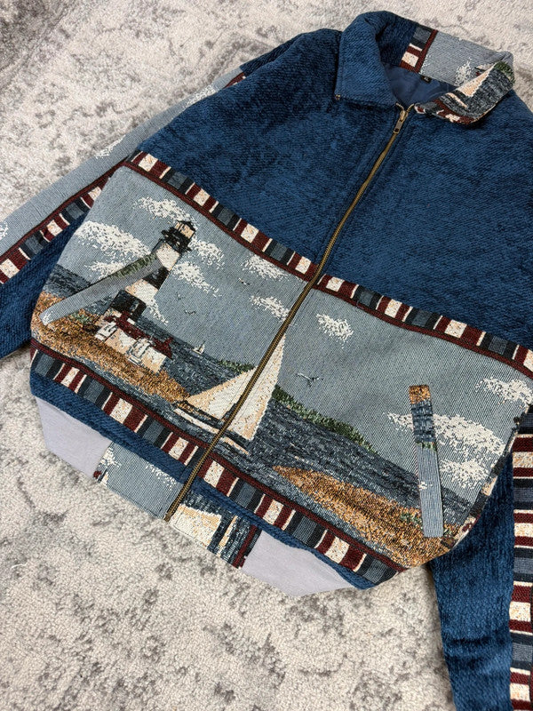 Veste en tapisserie design unique vintage fait main upcyclé retravaillé tissé taille XL n•749