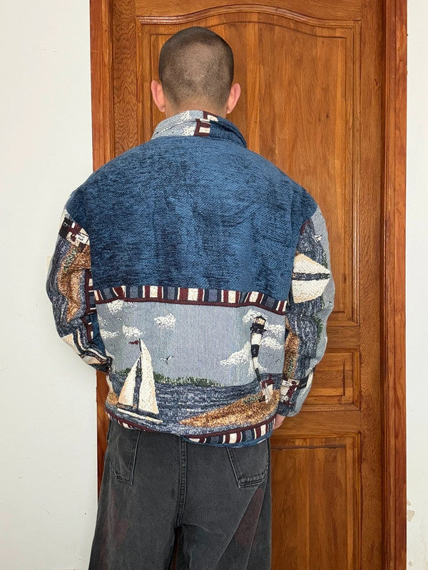 Veste en tapisserie design unique vintage fait main upcyclé retravaillé tissé taille XL n•749