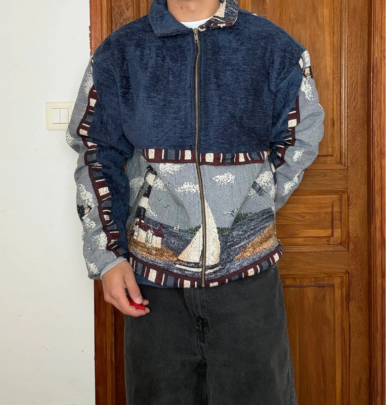 Veste en tapisserie design unique vintage fait main upcyclé retravaillé tissé taille XL n•749