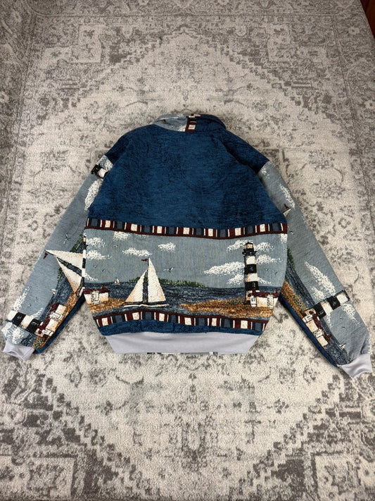 Veste en tapisserie design unique vintage fait main upcyclé retravaillé tissé taille XL n•749