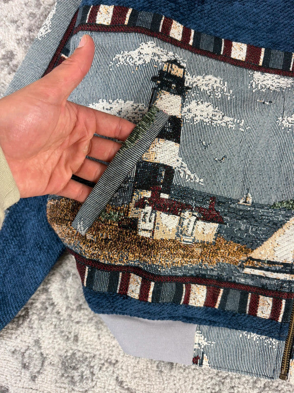 Veste en tapisserie design unique vintage fait main upcyclé retravaillé tissé taille XL n•749