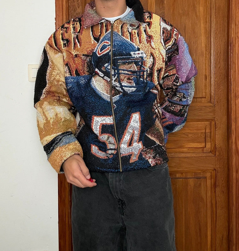 Veste en tapisserie design unique vintage fait main upcyclé retravaillé tissé taille XL n•750
